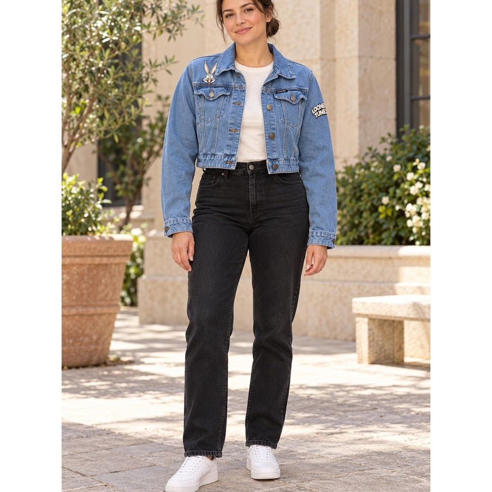 Members Only Looney Tunes Bugs Bunny Cropped Denim Trucker Jacket Blue Medium